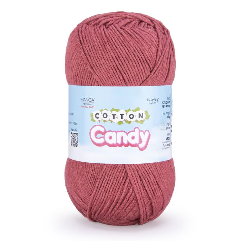 Image of Ganga Acrowools Cotton Candy Yarn - Soft Premium Cotton Blend Wool for Knitting & Crochet | Lightweight, Smooth Texture, Pastel Shades, 100gm Ball, Shade no. -CCY009, Old Rose Red