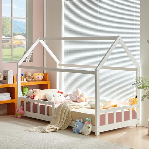 FetiNes Kinderbett 90x200 Hausbett Kinder inkl. Rausfallschutz und Rolllattenrost, Montessori Bodenbett Spielbett Jugendbett weiß aus Massivholz Kiefer FetiNes Kinderbett 90x200 Hausbett Kinder inkl. Rausfallschutz und Rolllattenrost, Montessori Bodenbett Spielbett Jugendbett weiß aus Massivholz Kiefer
