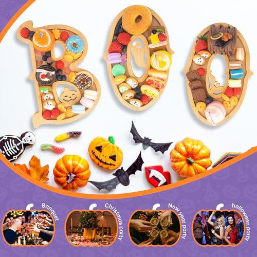 Image of 3PCS Wooden Halloween Charcuterie Board Set - Boo Letters (with 14 Balloons) - Halloween Party Table Decoration & Food Tray Platter