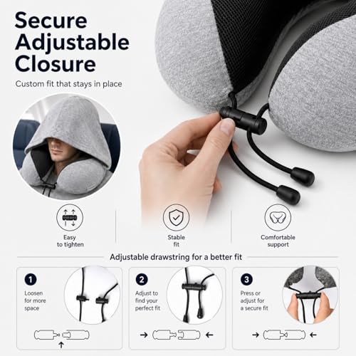 Image of Hooded Travel Pillow for Airplane, Memory Foam Neck Pillow for Long Flights, 360 Head Neck & Chin Support, Light Blocking Privacy Hood, Adjustable Drawstring, Compact Carry Bag for Plane Car Office