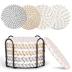 MeltsetM Coasters for Drinks Absorbent Woven Coaster Set with Holder Farmhouse Cute Cloth Fabric Cup Coasters for Coffee Table Office Desk, Handmade Boho Decor Tabletop Protection, 8 Pack MeltsetM Coasters for Drinks Absorbent Woven Coaster Set with Holder Farmhouse Cute Cloth Fabric Cup Coasters for Coffee Table Office Desk Handmade Boho Decor Tabletop Protection 8 Pack