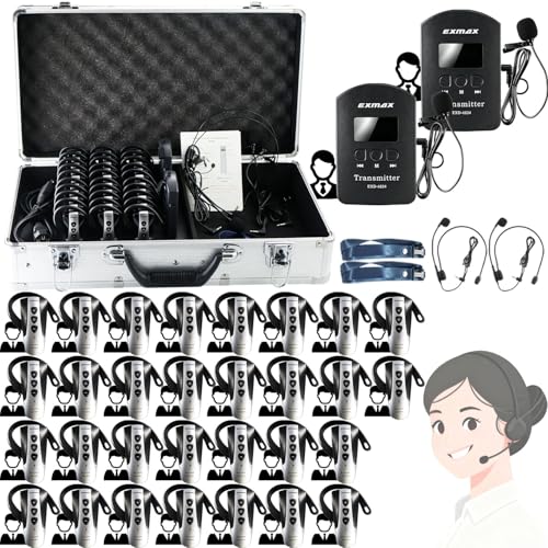 EXMAX EXD-6824 Sistema inalámbrico de guía turística 2.4G – Alcance de voz 328 pies, 2 transmisores, 30 receptores, Estuche de carga de 32 ranuras para enseñanza, entrenamiento, traducción en iglesia y reuniones silenciosas miniatura 1