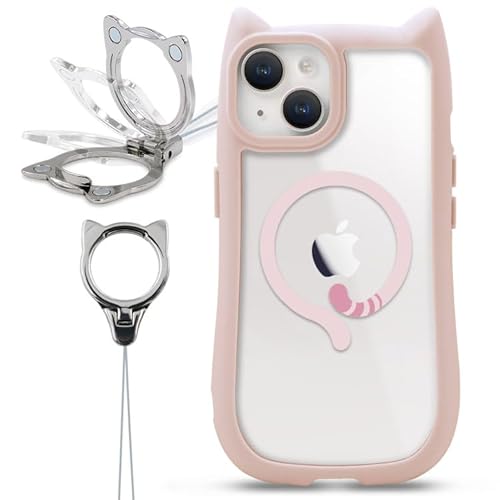 ZENIX DESIGN TECH iPhone16 用 MagSafe対応 ストラップ付き スタンド 猫耳 ハイブリッド 耐衝撃 背面クリア 猫 ねこみみ しっぽ ZX-Magmimi (マグピンク)