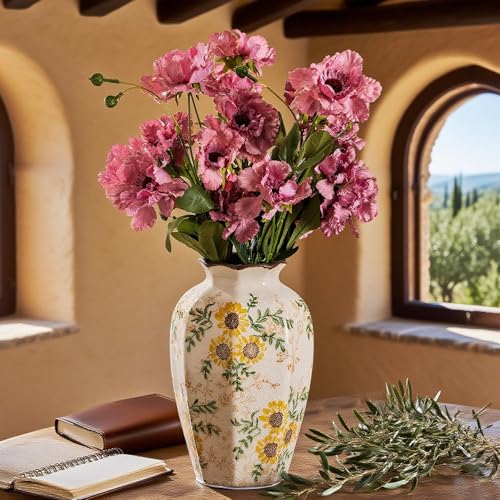 Hand-Painted Sunflower Vintage Ceramic Octagonal Vase, Green Yellow Beige Flower