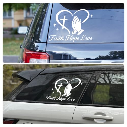 Image of Large Christian Car Decals, Faith Hope Love Praying Hands Stickers - 11 inch x 10 inch Waterproof Vinyl Sticker for Car, Truck, Window, Bumper, Laptop, Wall (Praying Hands-White)