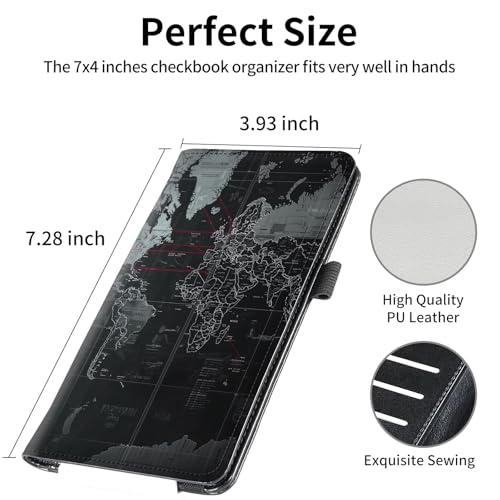 Image of FUYOCWE Leather Checkbook Covers for Men Women Check book Holder Cover Wallets for Personal Checkbook Duplicate Checks with RFID Blocking & Elastic Strap-Black Gray World Map with red line