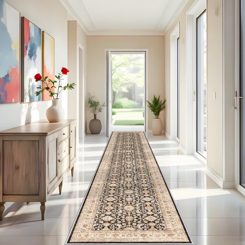 YOUFORTONG Washable 3x16 Hallway Runners： Soft Kitchen Rug Non Slip Rug Runner with Rubber Backing for Bathroom Non Shedding Farmhouse Runner Rug (Black, 3X16)