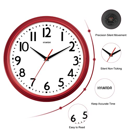 Hylanda Wall Clock 12 Inch, Red Kitchen Retro Clock, Wall Clocks Battery Operated Silent Non Ticking, Quartz Vintage Clocks For Living Room, Bedroom, Home, Office #TOP3