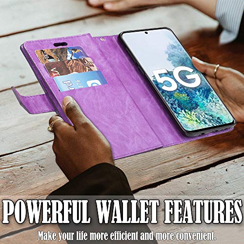 Galaxy S20 Phone Case Wallet With Strap,Kudex Leather Folio Flip Protective [Kickstand Feature] Magnetic Closure Zipper Purse Case Cover With Credit Card Slot For Samsung S20 6.2''(Purple) #TOP3