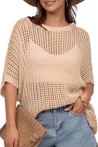 UEU Summer Tops for Women 2025 Crochet Short Sleeve Mesh Knit Sweater T Shirts Beach Swimsuit Cover Ups Fishnet Crewneck Cute Bathing Suit Trendy Clothes Apricot M