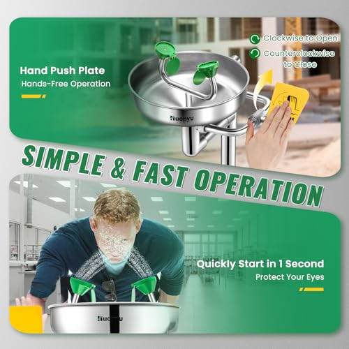 Image of Huanyu Stand Up Eye Wash Station Floor Mounted Eyewash Station Adjustable Water Flow Emergency Eye Washing Station Stainless Steel with Eye Wash Sign Factory (1207-1 Silver)