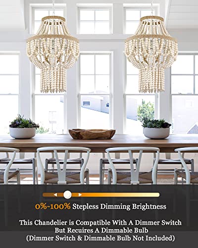 ELYONA Wood Beaded Chandelier, Boho Farmhouse Pendant Light Feature, Natural Birch Wood, 16" Rustic Hanging Light, Country Chandelier for Bedroom, Kitchen, Dining Room, Living Room, Entryway, White - Image 3