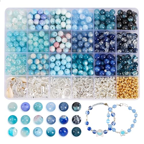 Glass Beads for Jewelry Making, 18 Colors Bead Bracelet Making Kit Including 2-8mm Bead spacers, Blue Round Beads for DIY Jewelry Making Supplies for Adults, Bracelet Necklace Earring Making kit