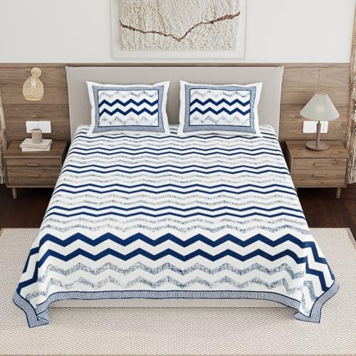 Image of Living Roots Ethnic Jaipur Block Print Double Cotton Bedsheet & 2 Pillow Covers, for Mattress Upto 6 inches Thick, No Colour Bleeding, Blue Colour, King Size 90 * 108 inches, 120TC (609-A)