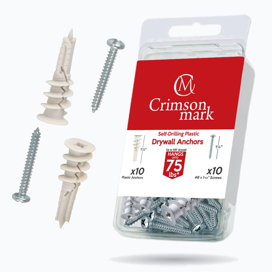 20Pcs Self Drilling Drywall Anchors and Screws kit #8 x 1-1/4”- Superb Wall Anchors for Drywall, Holds Upto 75lbs – No Drill Hole Required with These Dry Wall Screws and Anchors