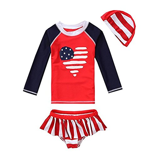 Baby Girls Kids 2 Piece Long Sleeve American Flag UV Sun Protection Rash Guards Swimsuit with Caps