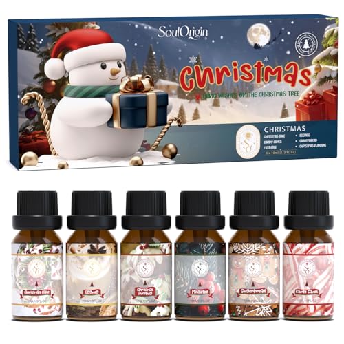 SoulOrigin Christmas Essential Oils Set, Fragrance Oil Set for Oil Diffusers, Scented Oils Candle Making Home 6x10ml- Christmas Cake, Eggnog, Candy Canes, Gingerbread, Mistletoe, and Christmas Pudding