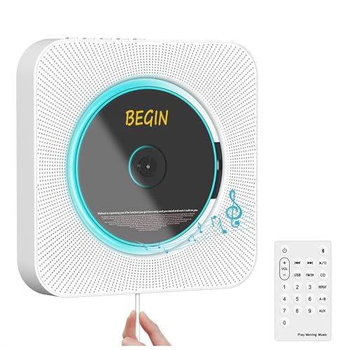 Beauenty Portable Wall Mounted CD Player Bluetooth Speakers Home Audio Boombox with Remote Control FM Radio AUX Input Headphone Output U Disk Music Player (white)