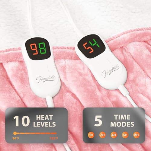Image of Homemate Electric Heated Blanket Queen - 84 inchx90 inch Heating Bed Blankets Throw with 10 Heating Levels 8 Hours Auto Off Fast Heating Over-Heated Protection Ultra Soft Warm Flannel ETL Certified Pink