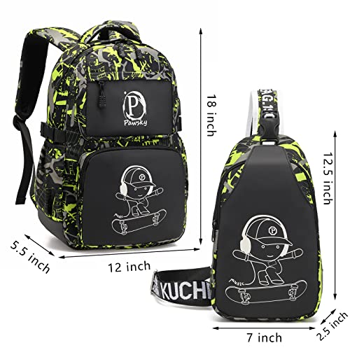 Pawsky Skateboard Anime Luminous Backpack School Backpack With Usb Charging Port For Teen Boys, College School Bookbag Lightweight Laptop Bag With Sling Bag Set, Green #TOP4