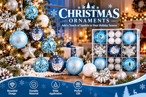 35 Piece Christmas Tree Ornaments Set Decorative Balls with Stars Bows and Reindeer Designs for Holiday Decor Blue White and Silver - image 4