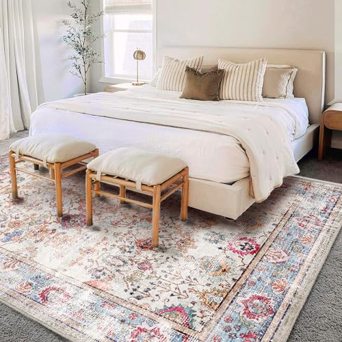 CHAMPLANT Washable Area Rug Vintage 6'x9' Light Traditional Floor Cover Thin Rug Retro Kitchen Indoor Distressed Non Slip Carpet Floral Print Mat Living Room Bedroom Dining Room