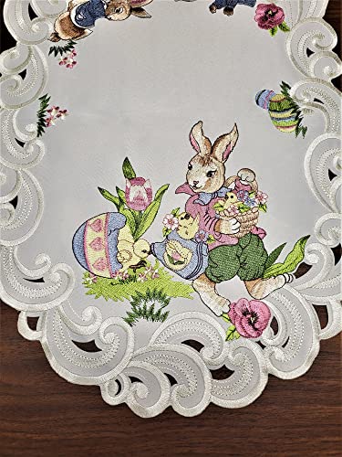Doily Boutique Easter Table Runner With Easter Bunny And Eggs On Ivory Material Size 44 X 15 Inches #TOP7