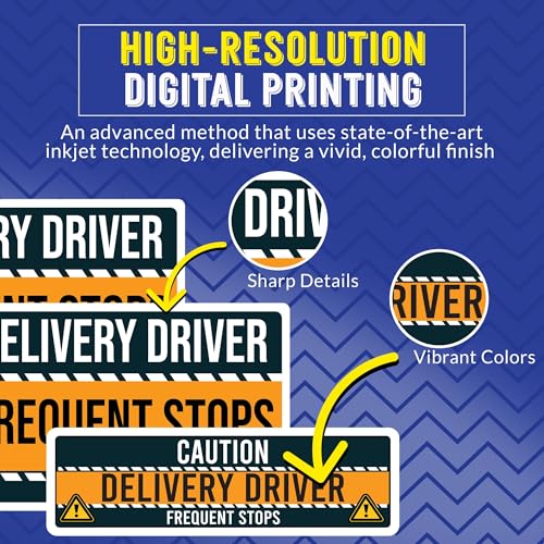 Image of Caution Delivery Driver Frequent Stops Bumper Sticker, 3 Pack, Adhesive Sticker for Vehicles, Two 12x8 inch and One 3x10 inch, Decal for Delivery Cars, Trucks, Van, Full-Color Print, Made in USA