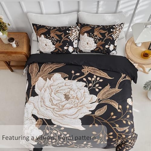 Image of MKXI Bold Floral Black Duvet Cover Queen Bedding Set Luxurious Premium Cotton Comforter Cover Vintage Gothic Style Gold and Black Boho Duvet Cover for Men and Women All Seasons