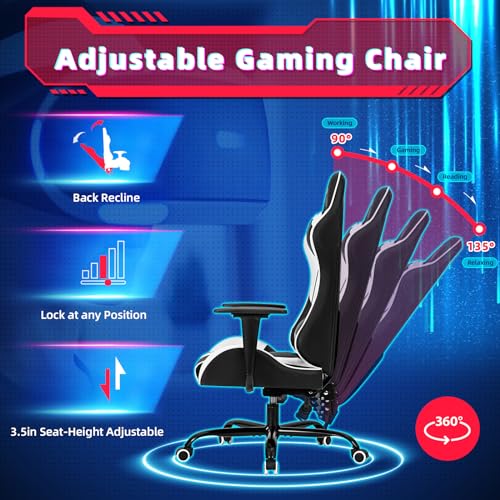 Image of ECOTOUGE PC Gaming Chair Massage Ergonomic Office Desk Chair Racing PU Leather Recliner Swivel Rocker with Headrest and Lumbar Pillow, White