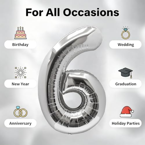 Image of Number Balloons Silver Party Balloon - Giant Number 6 Balloon, 40 Inch Large Balloon for Birthday Decorations, Silver Party Supplies for Anniversary