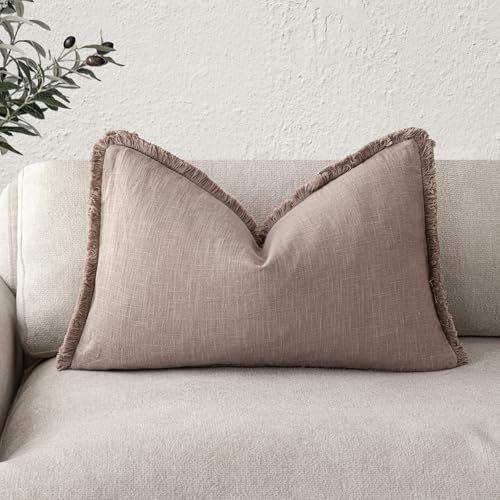 Image of Foindtower Decorative Linen Fringe Lumbar Throw Pillow Covers Cozy Boho Farmhouse Cushion Cover with Tassel Soft Accent Pillowcase for Sofa Bed Living Room Home Decor, 12x20 Inch,1PC,Dusty Pink