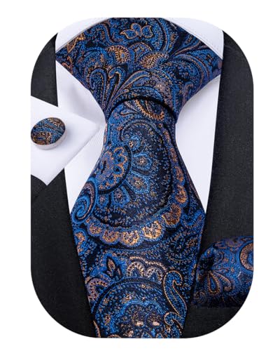 DiBanGu Mens Tie Set Silk Solid Paisley Necktie and Pocket Square Cufflinks Classic Formal Ties for Men Wedding Party, Blue - Thumbnail 3