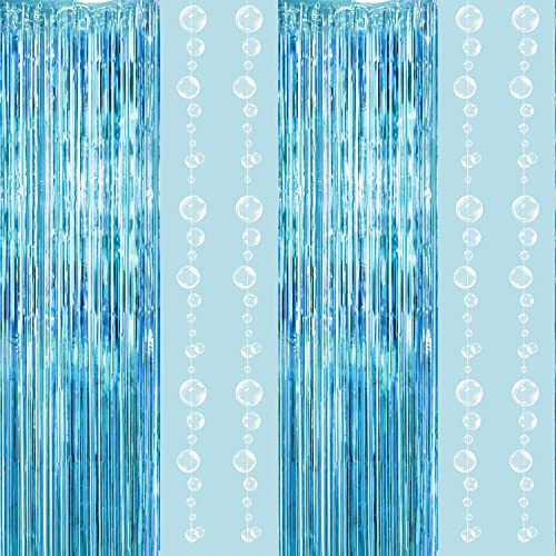 Ocean Blue Under the Sea Party Decoration Tinsel Foil Fringe Curtain Backdrop with Hanging White Bubble Garland for Mermaid Birhthday Party Wedding Engagement Photo Background Bridal Baby Shower Birthday Sweet 16 Party Supplies