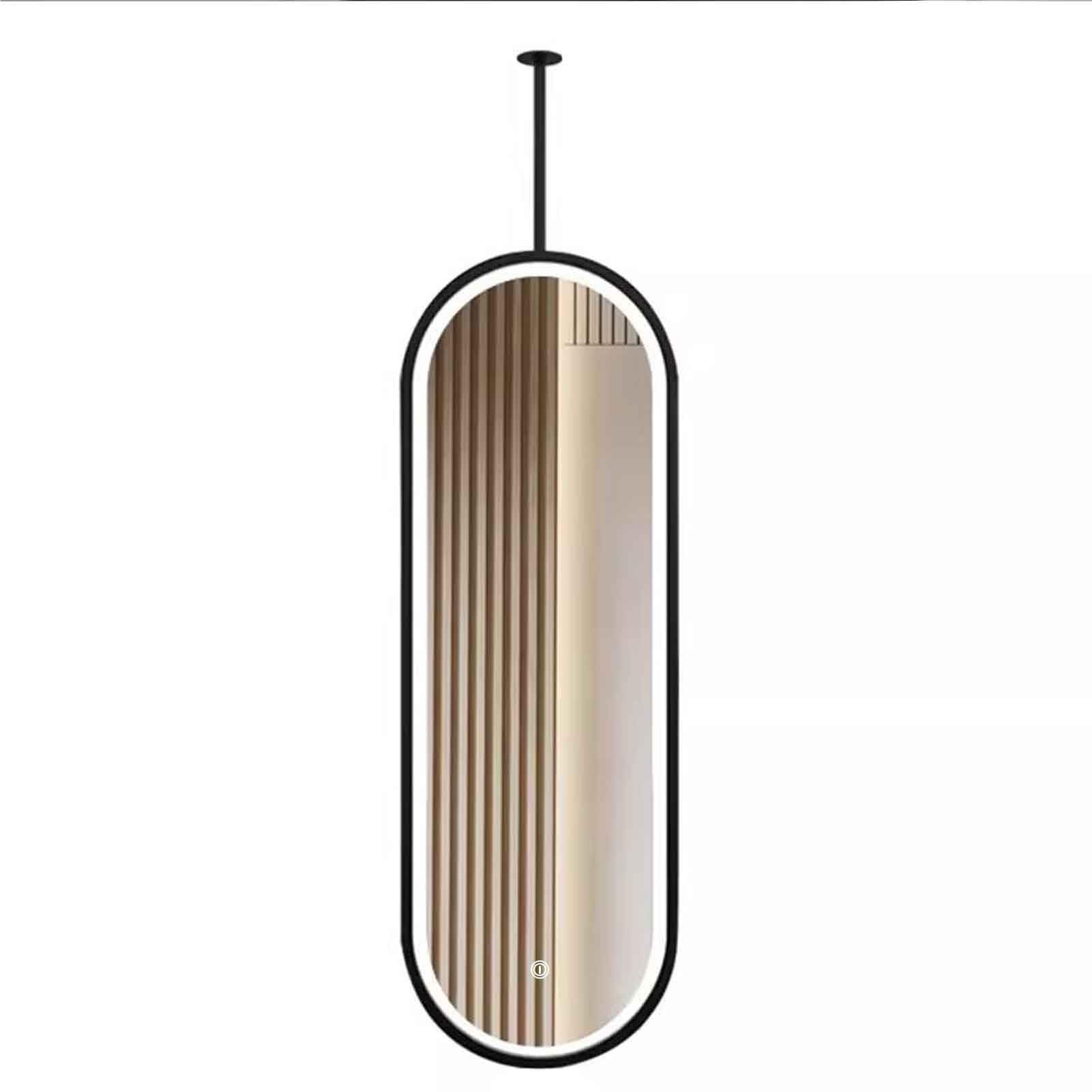 FGXHHS Ceiling Mounted Mirrors with LED Light - Adjustable Brightness, Bathroom Vanity Black Oval Mirror Customisable Hanging Rod(50cmx100cm)