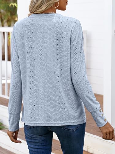 ANRABESS Womens Eyelet Tops Long Sleeve Henley Shirts Business Dressy Casual Blouse Vacation T-Shirt 2025 Fall Outfits