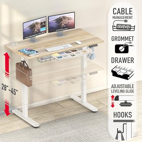 Image of SHW 48-Inch Electric Height Adjustable Standing Desk with Drawer, Memory Preset and Cable Management Tray, Maple