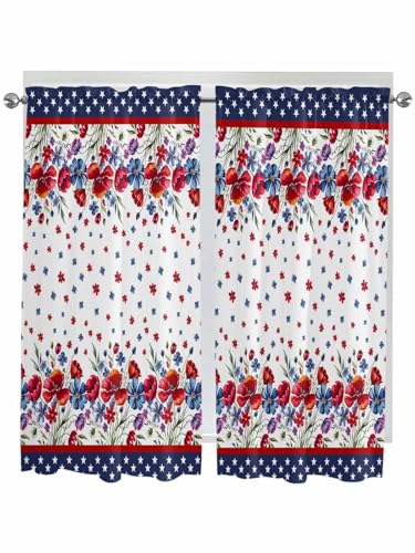Red Patriotic Floral Kitchen Curtain 72 Inch Length Window Curtains
