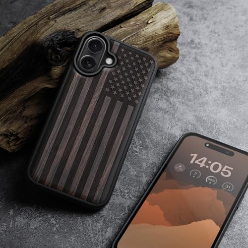 Image of Carveit Wood Case for iPhone 16 Plus, The Classic American Flag, Black | Magnetic iPhone 16 Plus Case Compatible with MagSafe Wireless Chargers, Engraved Wood with Soft TPU Shockproof Bumper