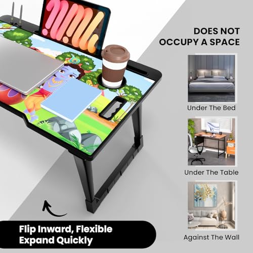 Image of Foldable Wooden Mini Laptop Table for Bed, Study Table with Drawer, Tablet /Mobile Holder for Kids & Adults (COTTED BK)
