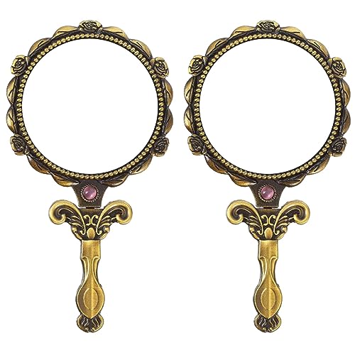Image of Metal Vintage Round Hand Mirror With Back Side Rose Design, Gold, Pack Of 2