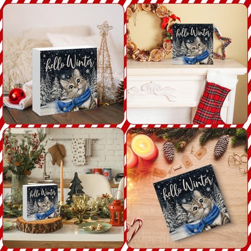 Image of Winter Cat Decor, Hello Winter Wood Box Sign, Seasonal Christmas Holiday Home Office Decorations for Desk Table Shelf 5 X 5 Inches