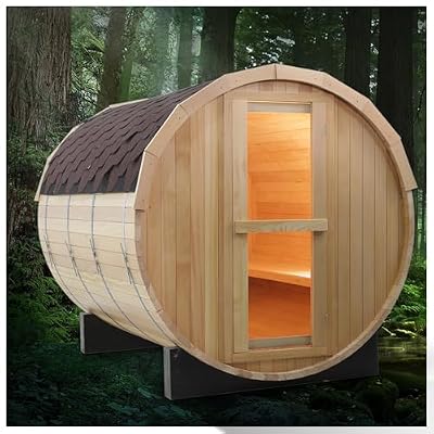 amocane Outdoor Barrel Steam Sauna, 2-4 Person Hemlock Wooden Sauna Room for Home, 4.5KW Toule Electric Heater with Sauna Stone, Sauna Accessories Kit and Asphalt Shingle Roof