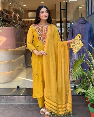 Image of ANNI Designer Women's Rayon Viscose Embroidered Straight Kurta with Pant & Dupatta