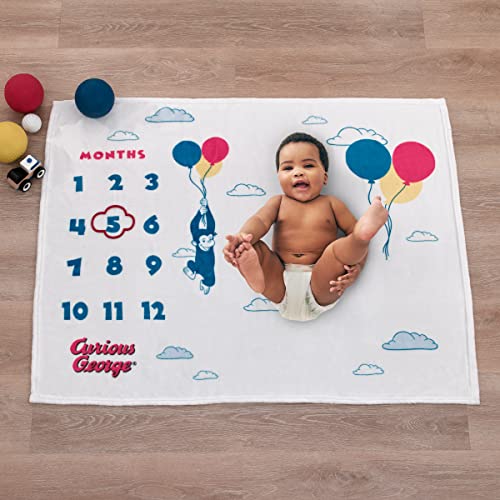 Image of Welcome to The Universe Baby Curious George White, Blue, Red, and Yellow Balloons and Clouds Super Soft Milestone Baby Blanket