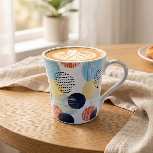 Image of UPC Coffee Mug Set of 6 | White Abstract Polka Dot Print | Navy Blue Yellow & Orange Multicolour Circle Pattern | Bone China Tea & Coffee Cups | Microwave Safe | Home & Kitchen