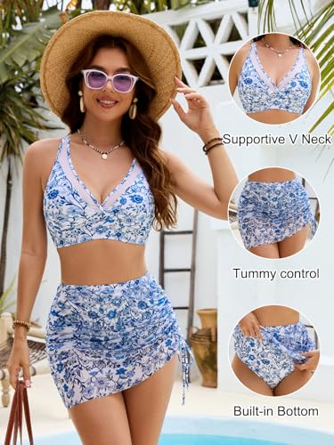 Image of Blooming Jelly Womens Swim Skirt High Waisted Bikini Sets Tummy Control Swimsuits Mesh Sarong Wraps Bathing Suits