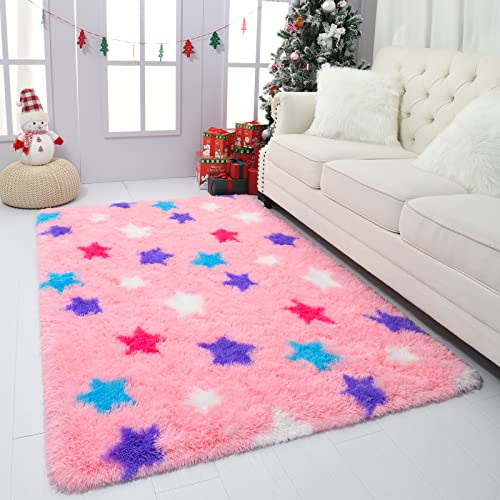 ST. BRIDGE Soft Shag Rug for Girls Bedroom, Fluffy Bedroom Carpet for Princess Castle Baby Toddlers Kids Room Decor, Anti-Skid Fuzzy Cute Nursery Mats Living Room Dorm Plush Carpet, Pink 3 x 5 Feet