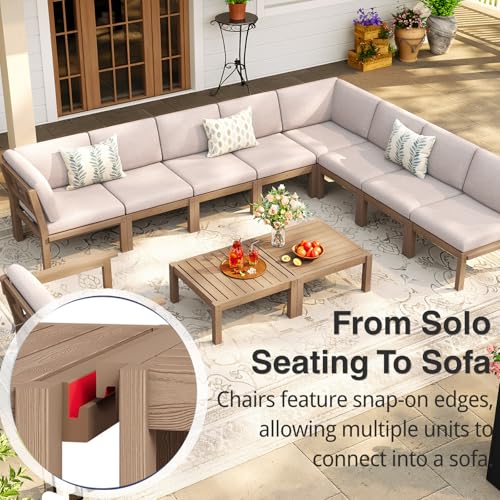 Image of Modular Outdoor Patio Furniture Corner Seat, HIPS All-Weather Outdoor Sectional Sofa with High-Density Thick Cushions, Easy Side Interlock, Patio Seat for Backyard, Balcony, Deck (Teak)