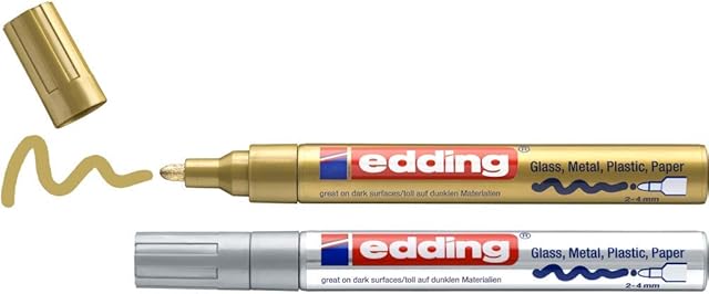 edding 750 gloss paint marker - gold, silver - pack of 2 paint markers - round nib 2-4 mm - paint pen for glass, pebbles, wood, plastic, paper - waterproof, high coverage